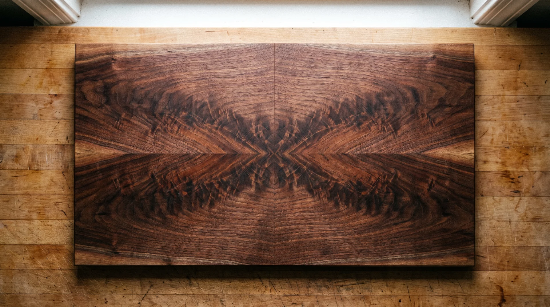 Bookmatched walnut serving board showing mirror-image grain symmetry from center glue line