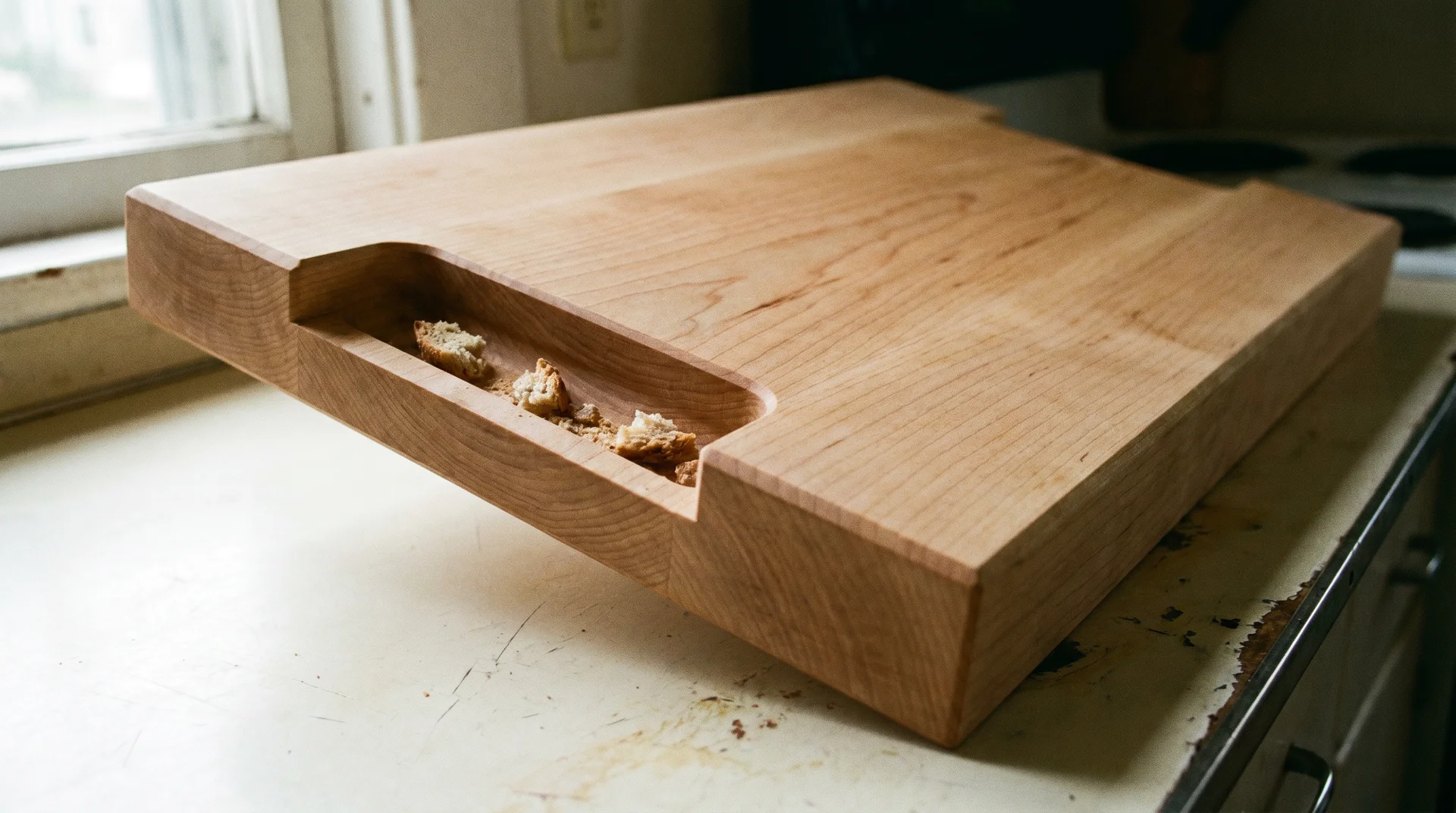 Bread cutting board tilted to show recessed crumb trough channel routed into the underside near one end