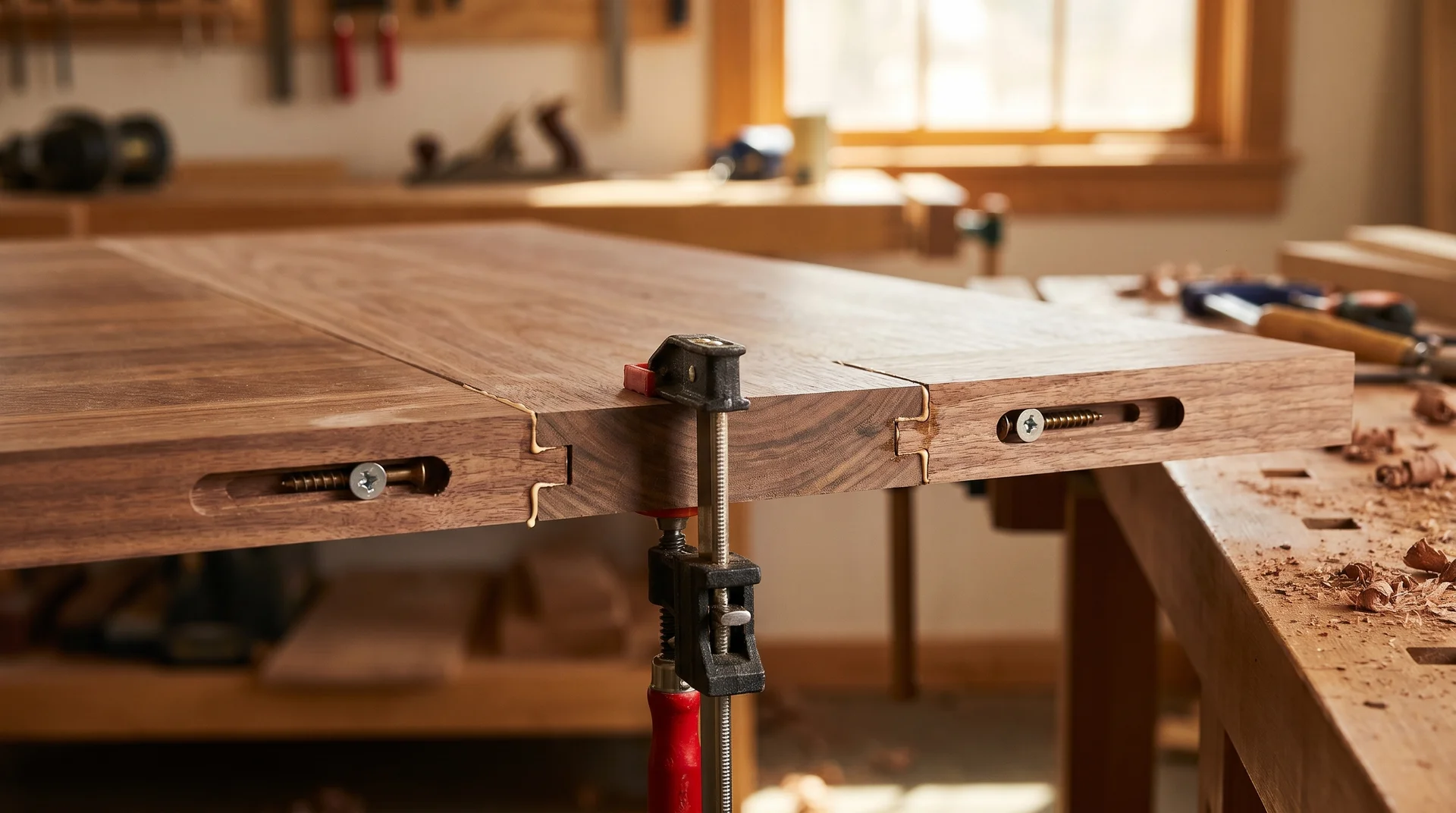 Breadboard end joinery allowing seasonal wood movement