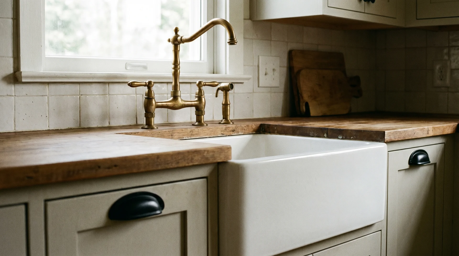 Brushed brass faucet and matte black cabinet hardware shown together demonstrating metal hierarchy