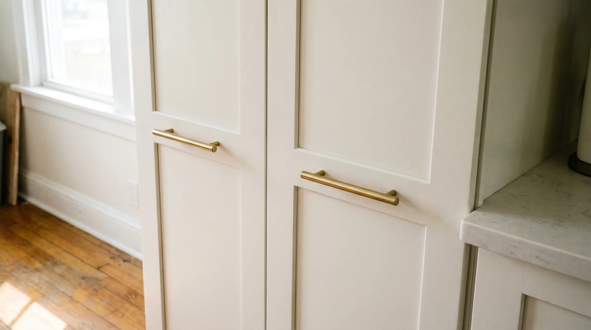 Brushed satin brass bar pulls on shaker cabinet doors in a white kitchen