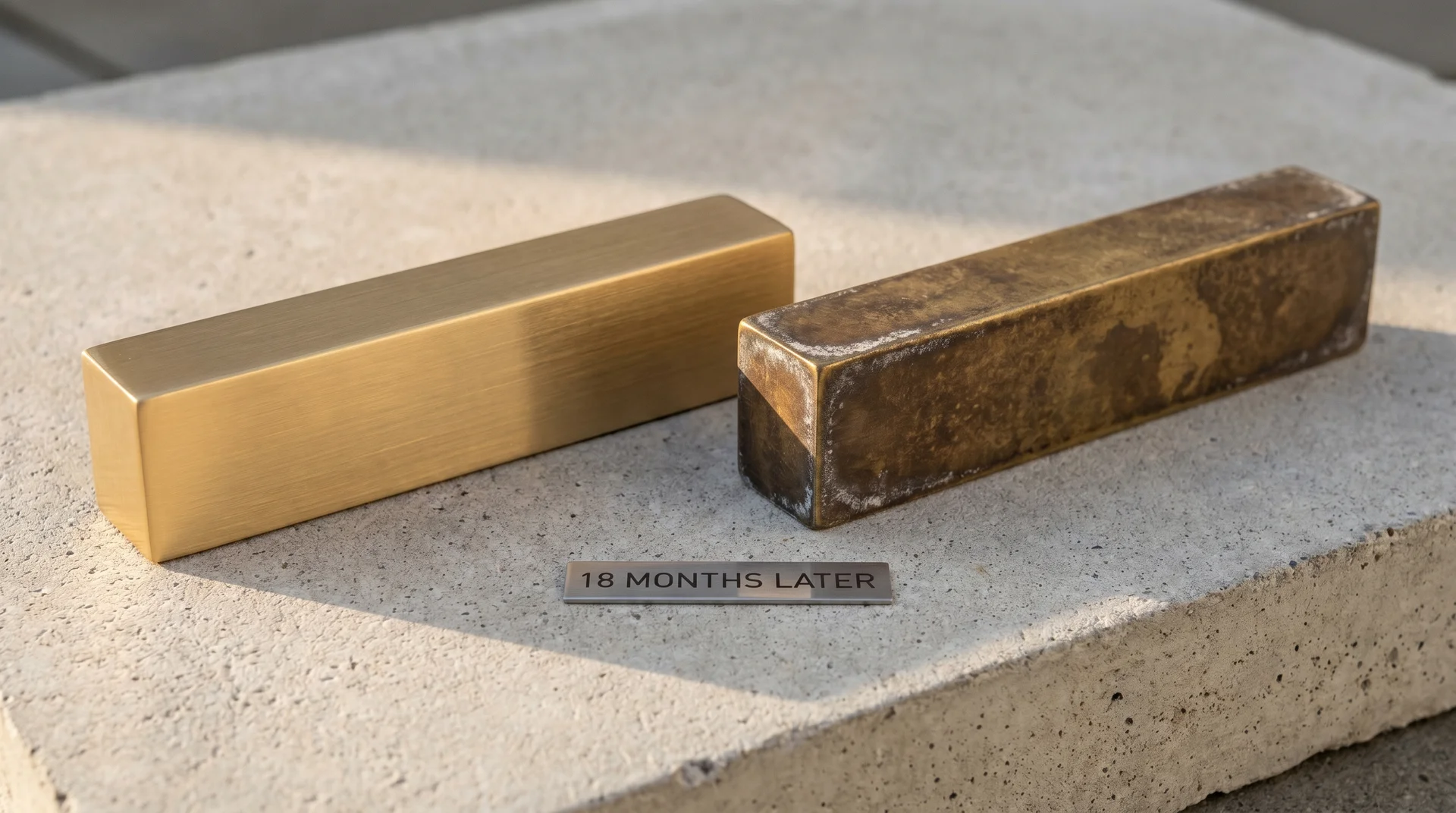 Brushed satin brass pull versus powder-coat imitation showing finish quality difference at 18 months