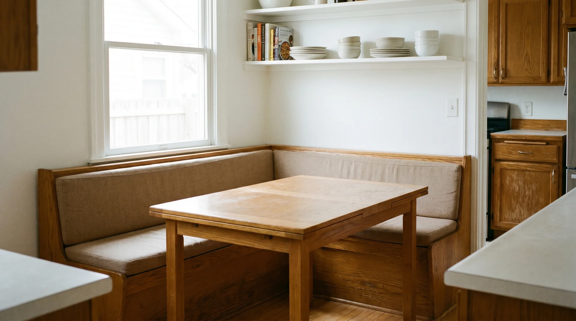 Built-in kitchen booth seating with bench cushions and natural wood table in a home eat-in area