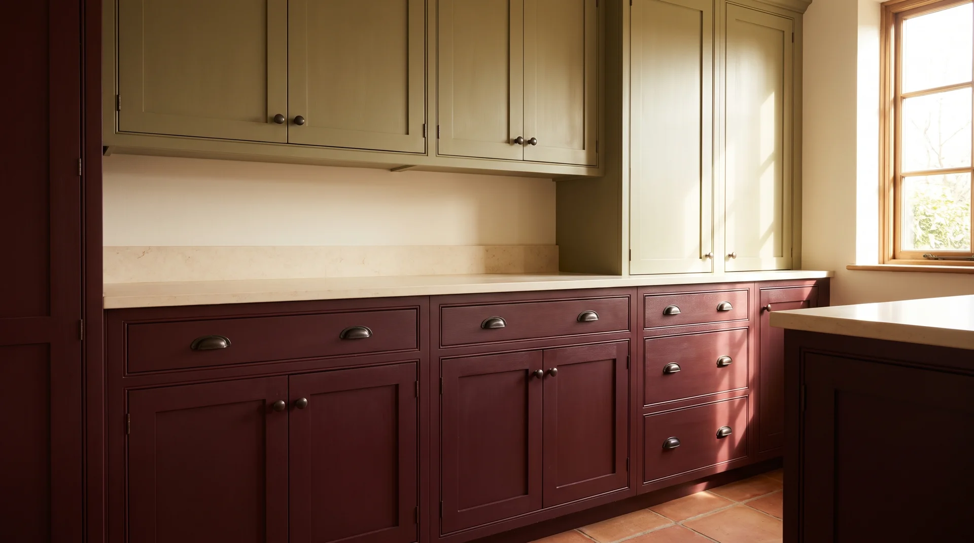 Burgundy lower cabinets and warm earthy sage green upper cabinets with white stone countertop in natural light