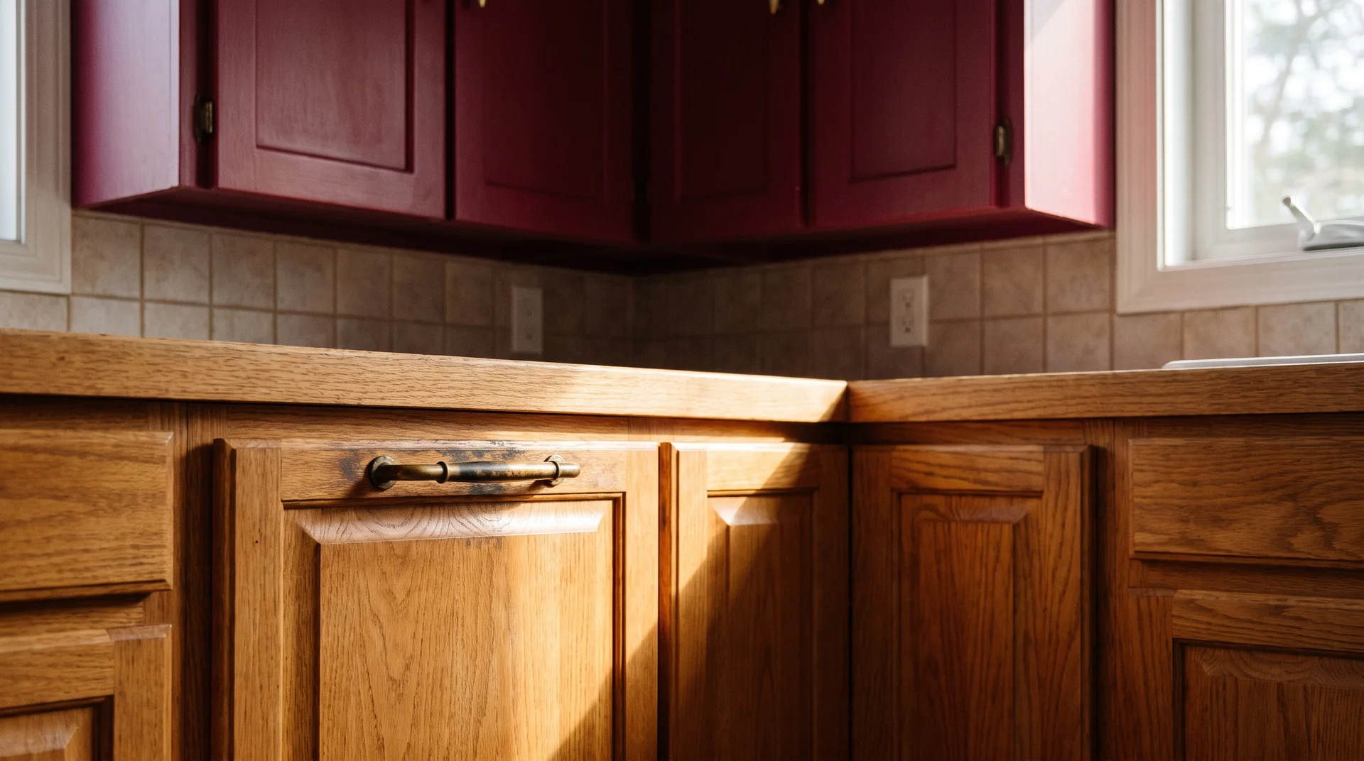 Burgundy upper cabinets above natural light oak lowers with an aged brass pull visible