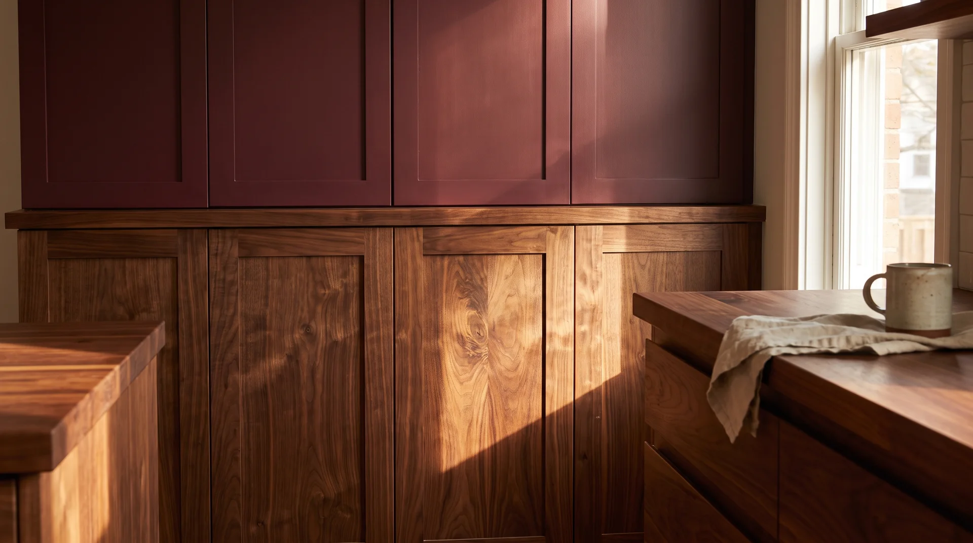 Burgundy upper cabinets above walnut lower cabinets and butcher block countertop in afternoon light