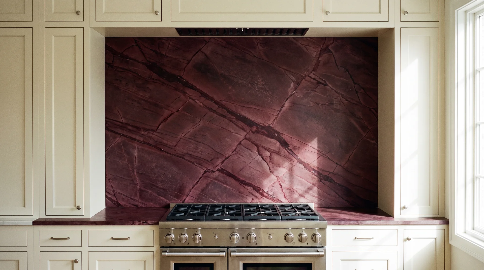 Burgundy-veined quartzite slab backsplash filling a range alcove with white flanking cabinets