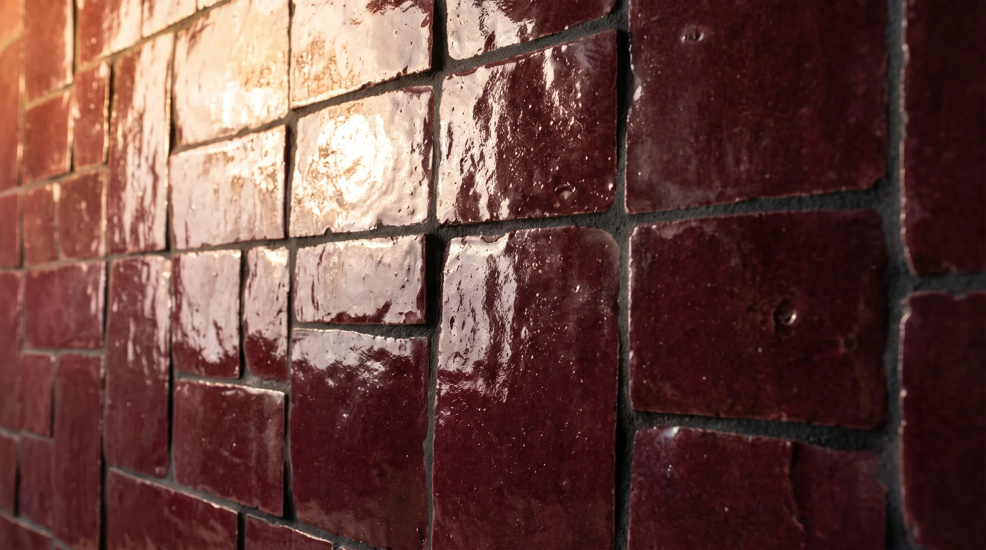Burgundy zellige tile backsplash at raking angle showing handmade surface variation and irregular faces