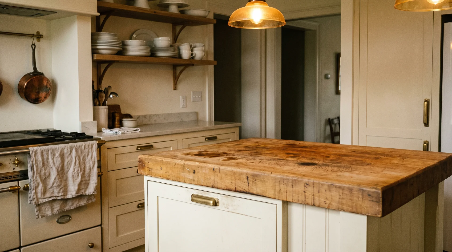 Butcher block island, copper pot on open shelving, and brass hardware in a French country kitchen