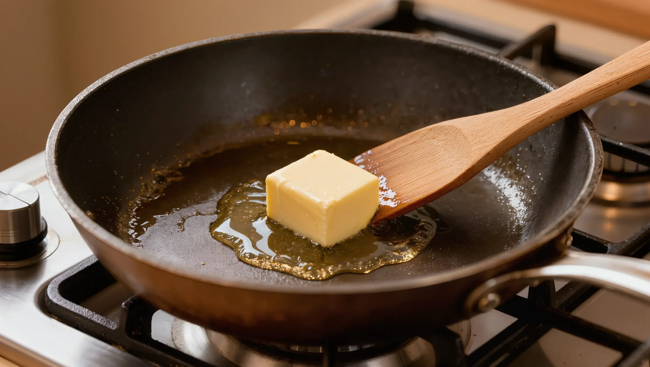 Butter melting in uncoated hard anodized skillet on medium heat, wooden spatula at rim, matte aluminum oxide surface visible