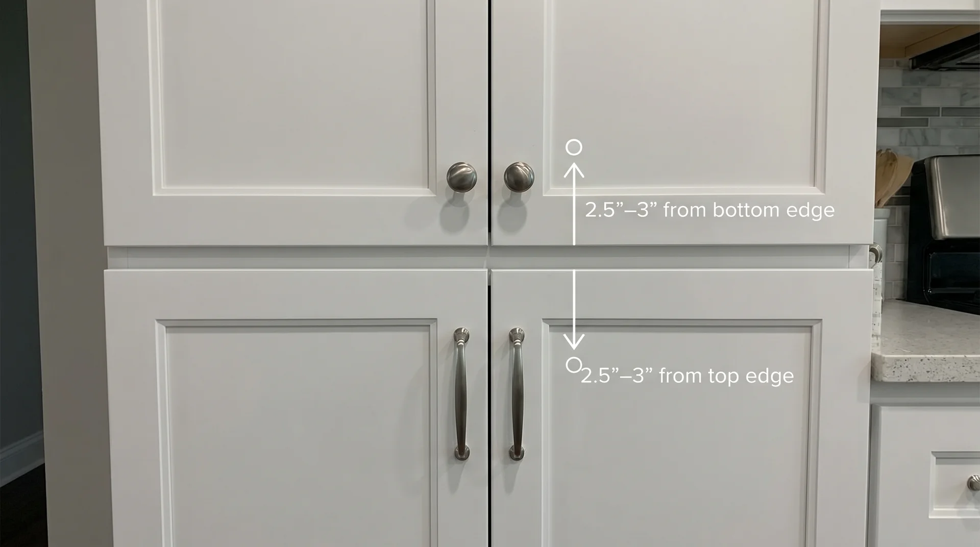 Cabinet hardware placement diagram showing NKBA guidelines for upper and lower door positions