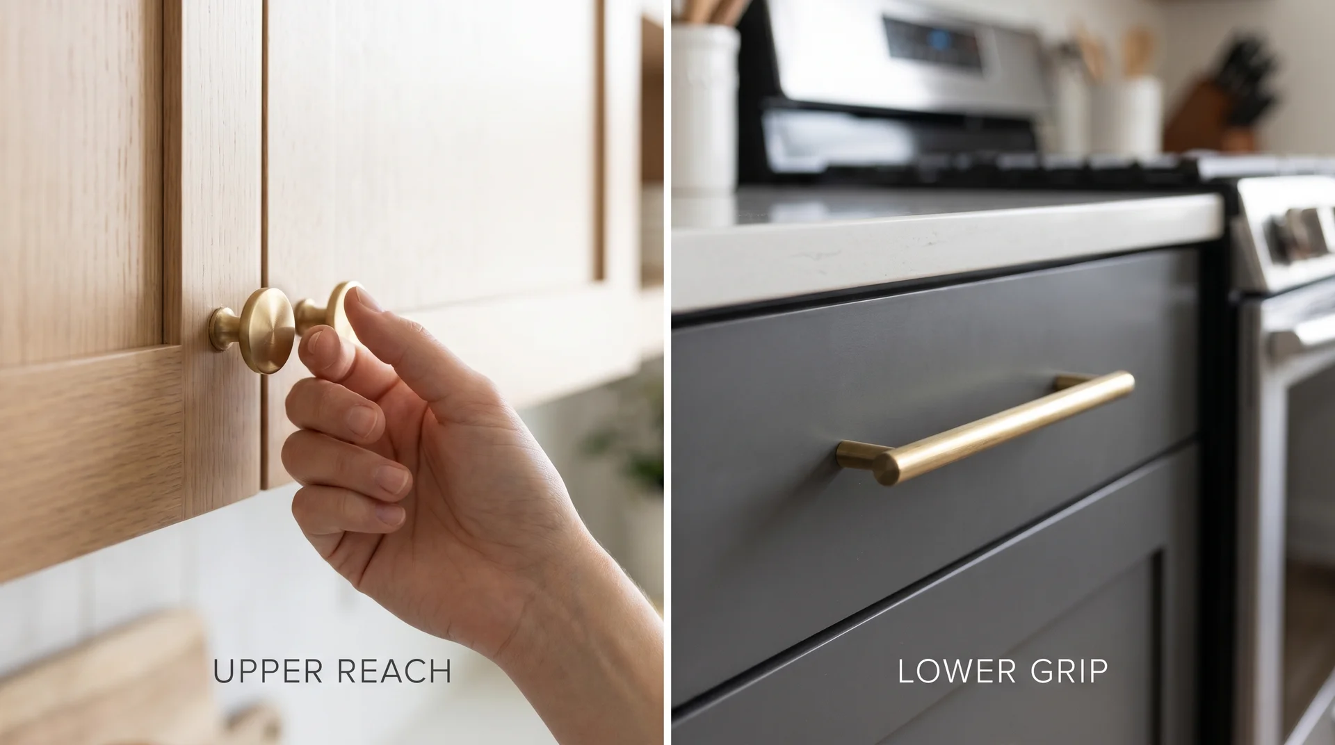 Cabinet knob on upper door versus bar pull on base drawer showing correct hardware placement by type