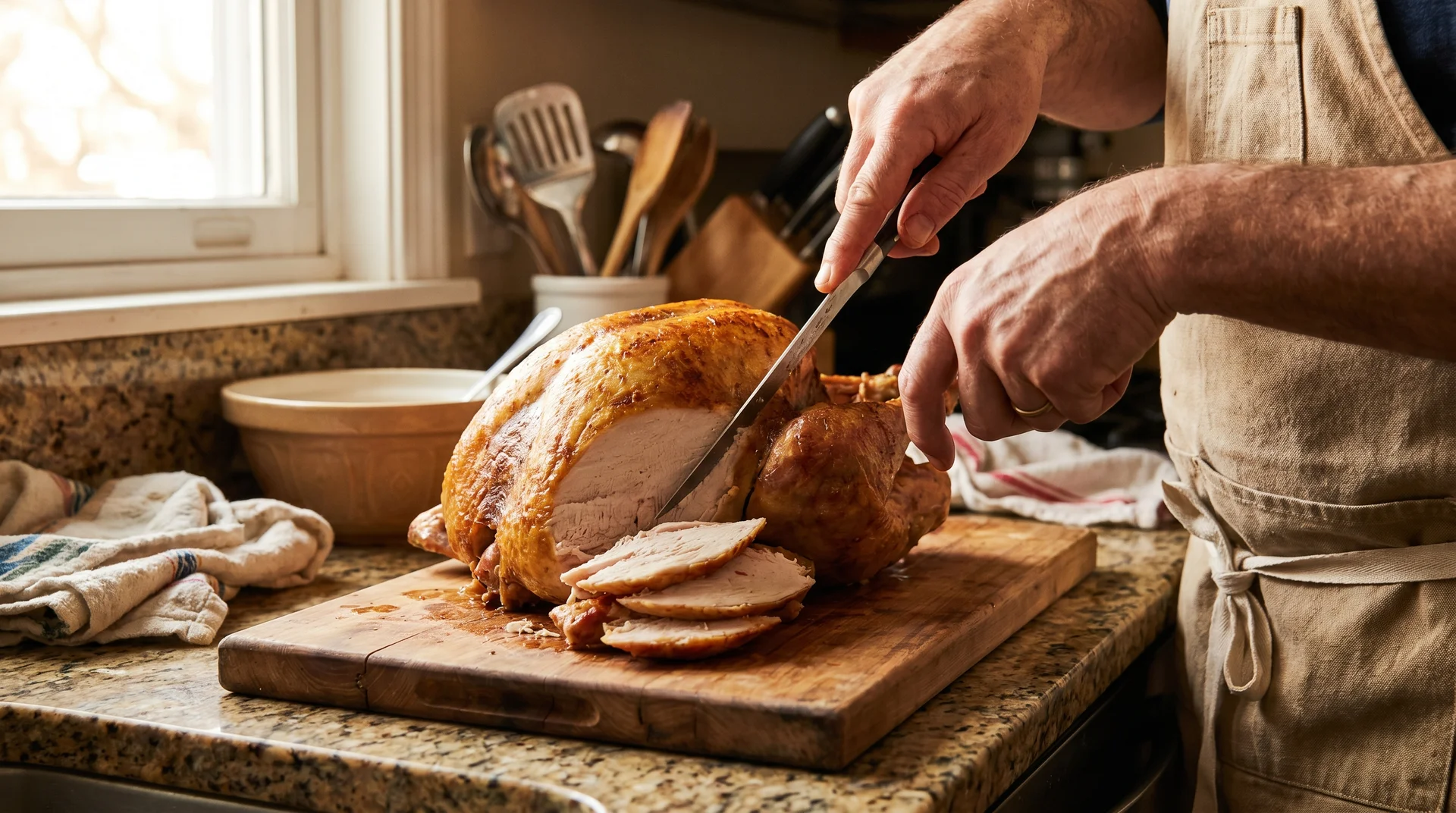 Carving a roasted turkey in a home kitchen using a carving knife