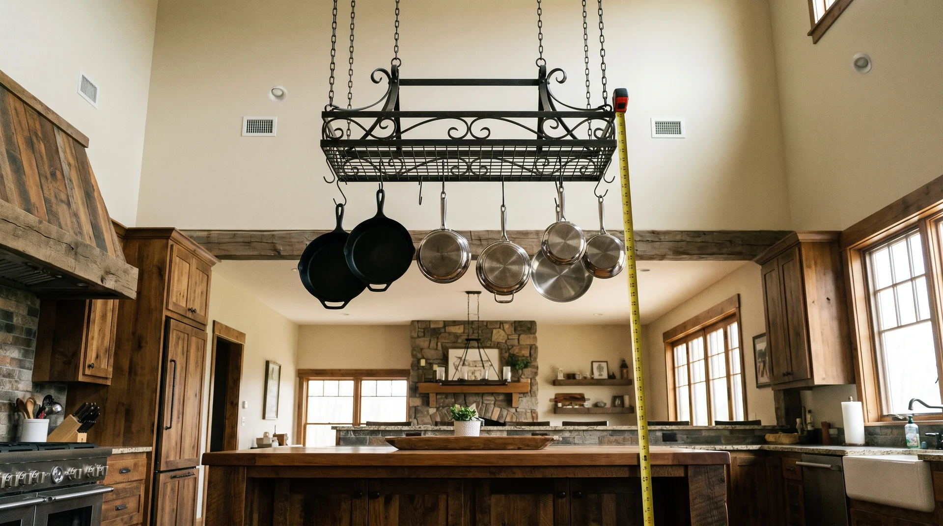 Ceiling-mounted wrought iron pot rack above farmhouse island with recessed fixtures positioned to the sides and tape measure for scale