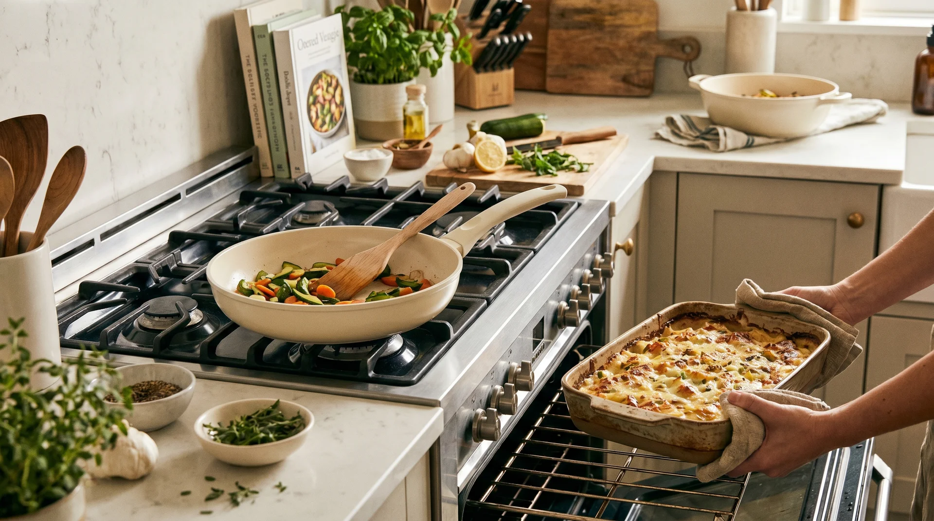 Ceramic-coated pan and stoneware bakeware used in the same kitchen