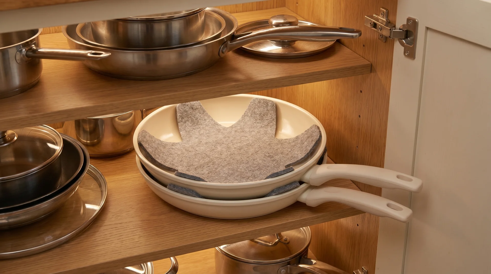 Ceramic cookware stored with protective liner between pans
