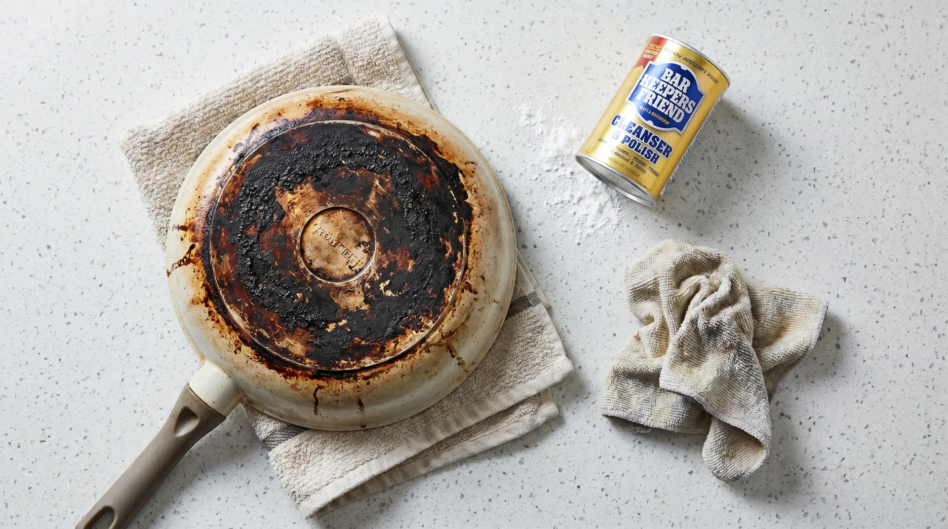 Ceramic pan exterior with carbonized grease build-up, cleaning supplies beside it