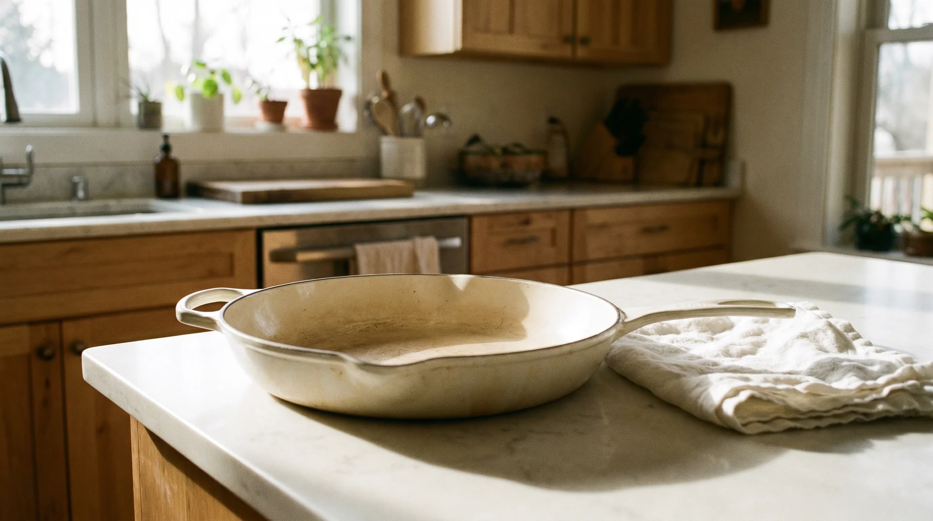 Ceramic pan on white countertop with linen cloth, ready to wash