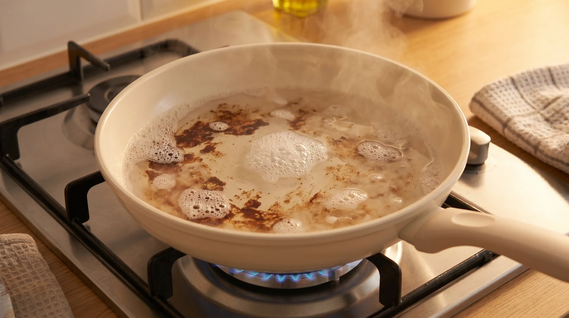 Ceramic pan soaking with warm water to loosen stuck food