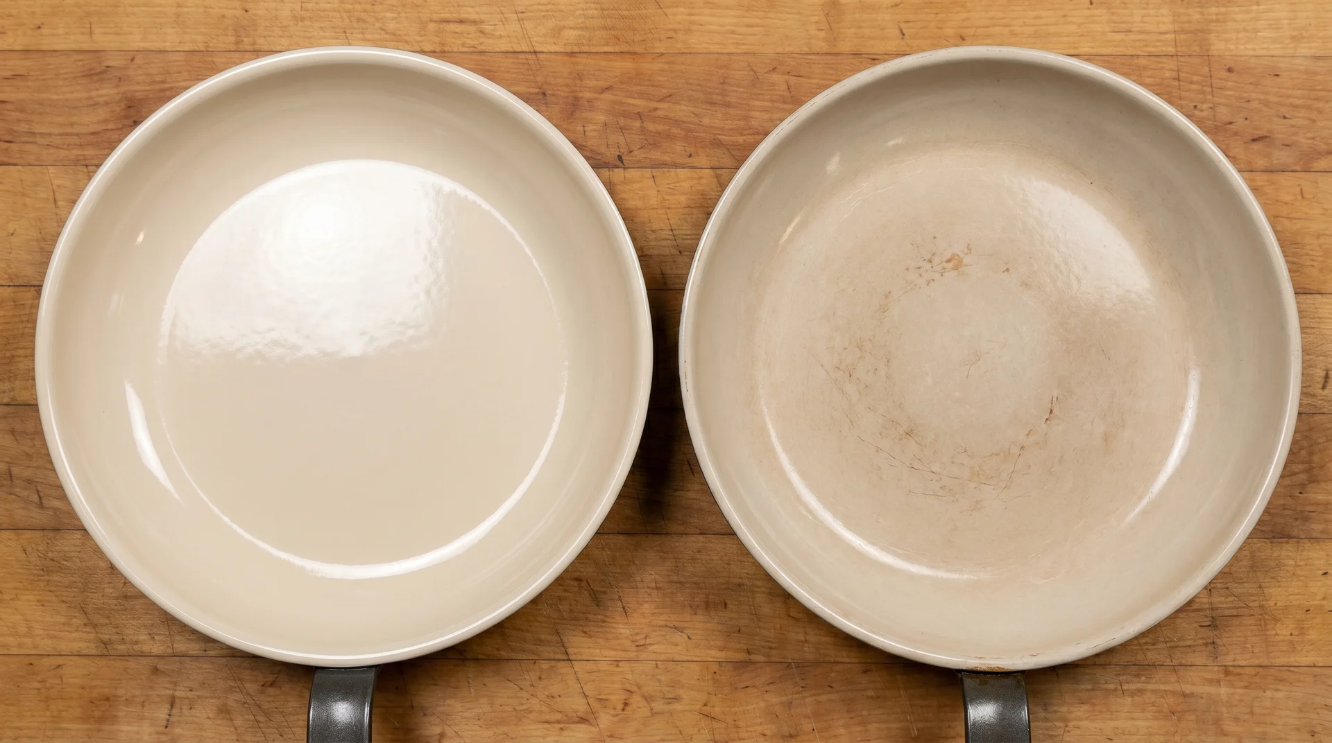 Ceramic pan surfaces showing new non-stick coating beside a degraded coating after regular use