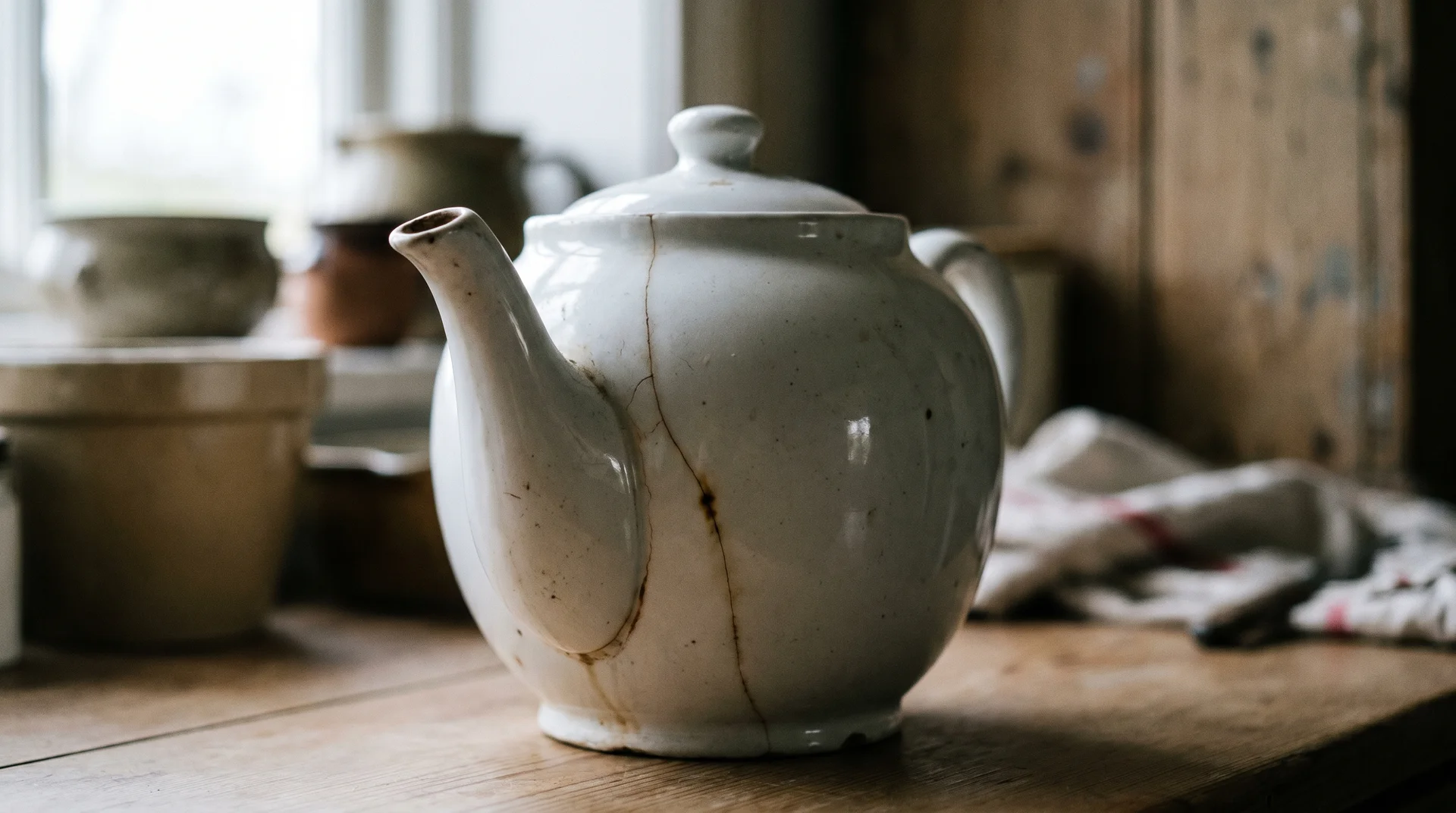 Ceramic teapot with a hairline crack caused by direct heat exposure on a stovetop