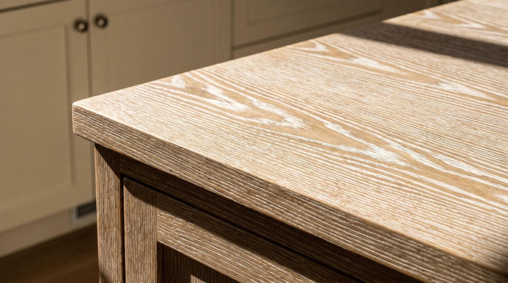 Cerused oak kitchen island showing wire-brushed white-filled grain pattern, cream cabinets in soft focus background, raking light