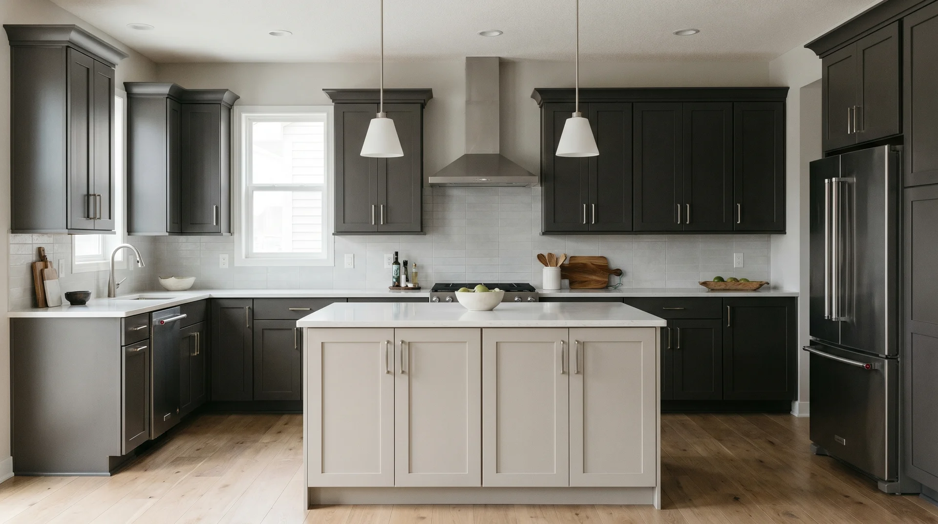 Charcoal kitchen cabinets with a light greige island, brushed nickel hardware, light quartz countertop, even diffused light