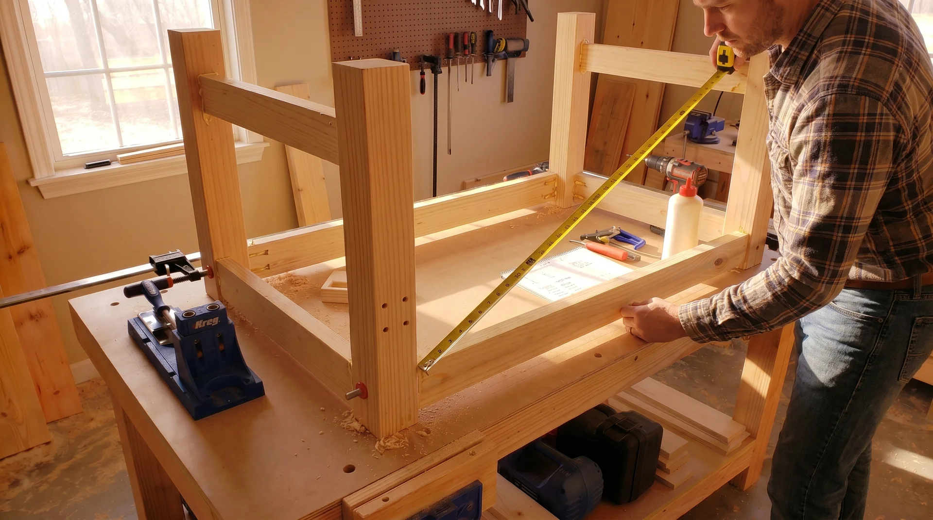 Checking a farmhouse table base for square using diagonal measurements