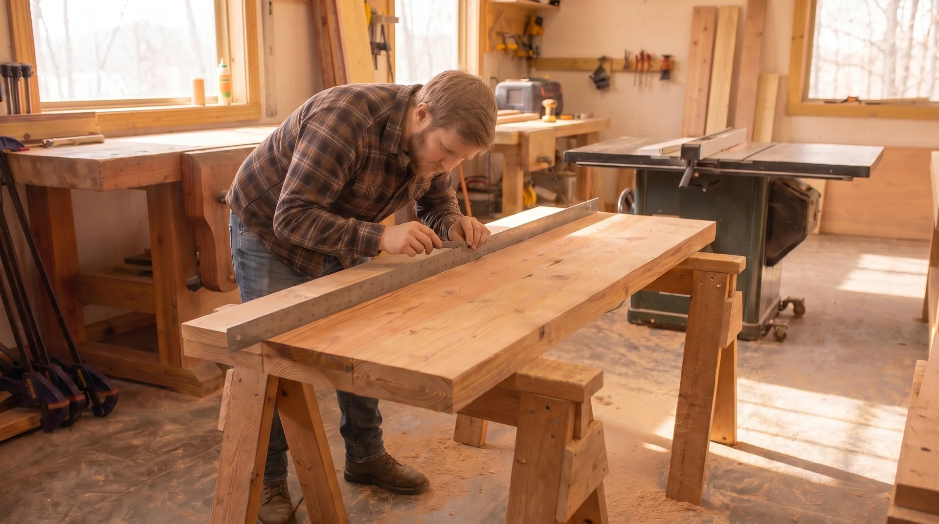 Checking a tabletop for flatness with a straightedge