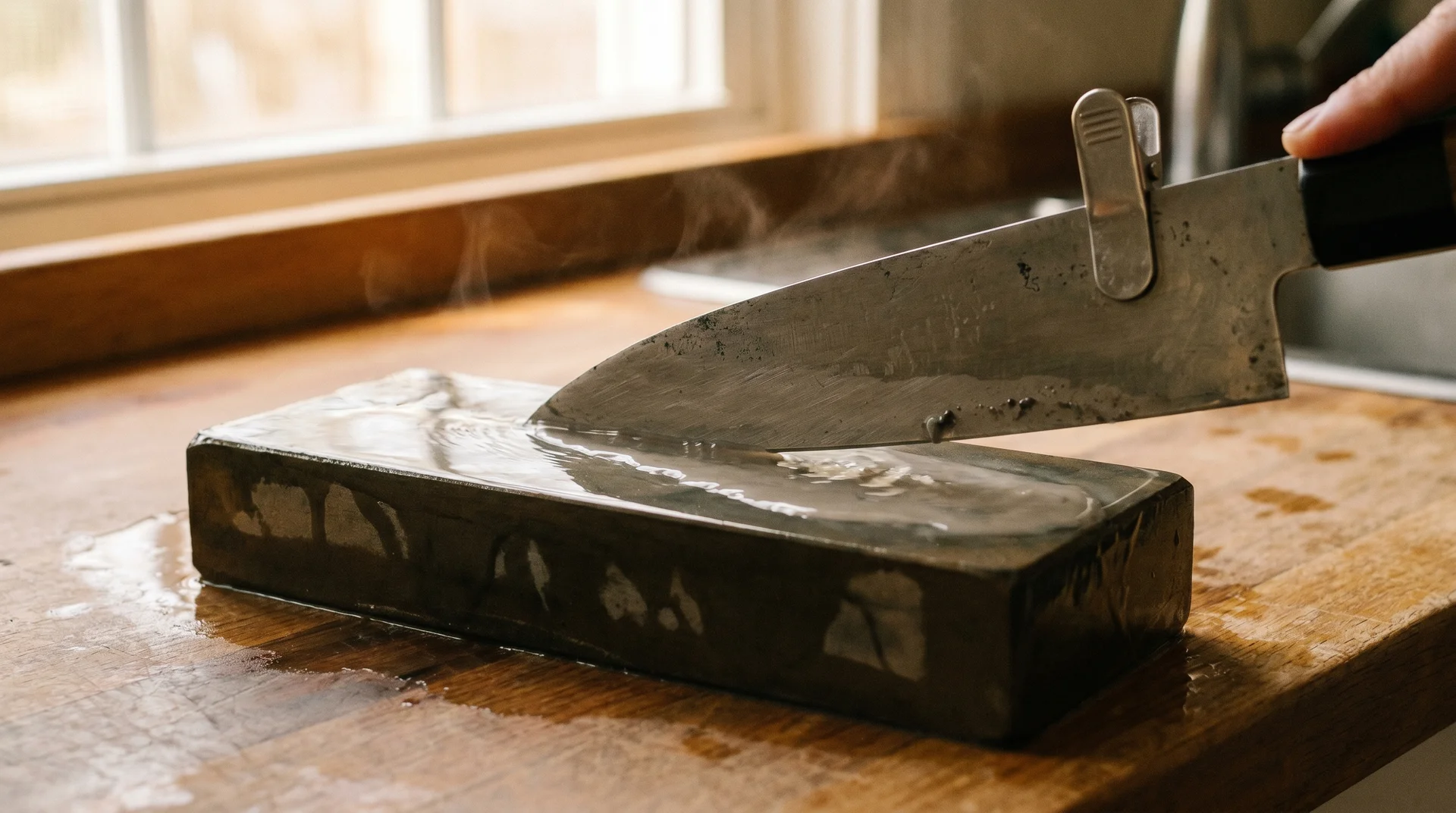 Chef's knife being sharpened on a whetstone at a consistent angle, finger guide on spine