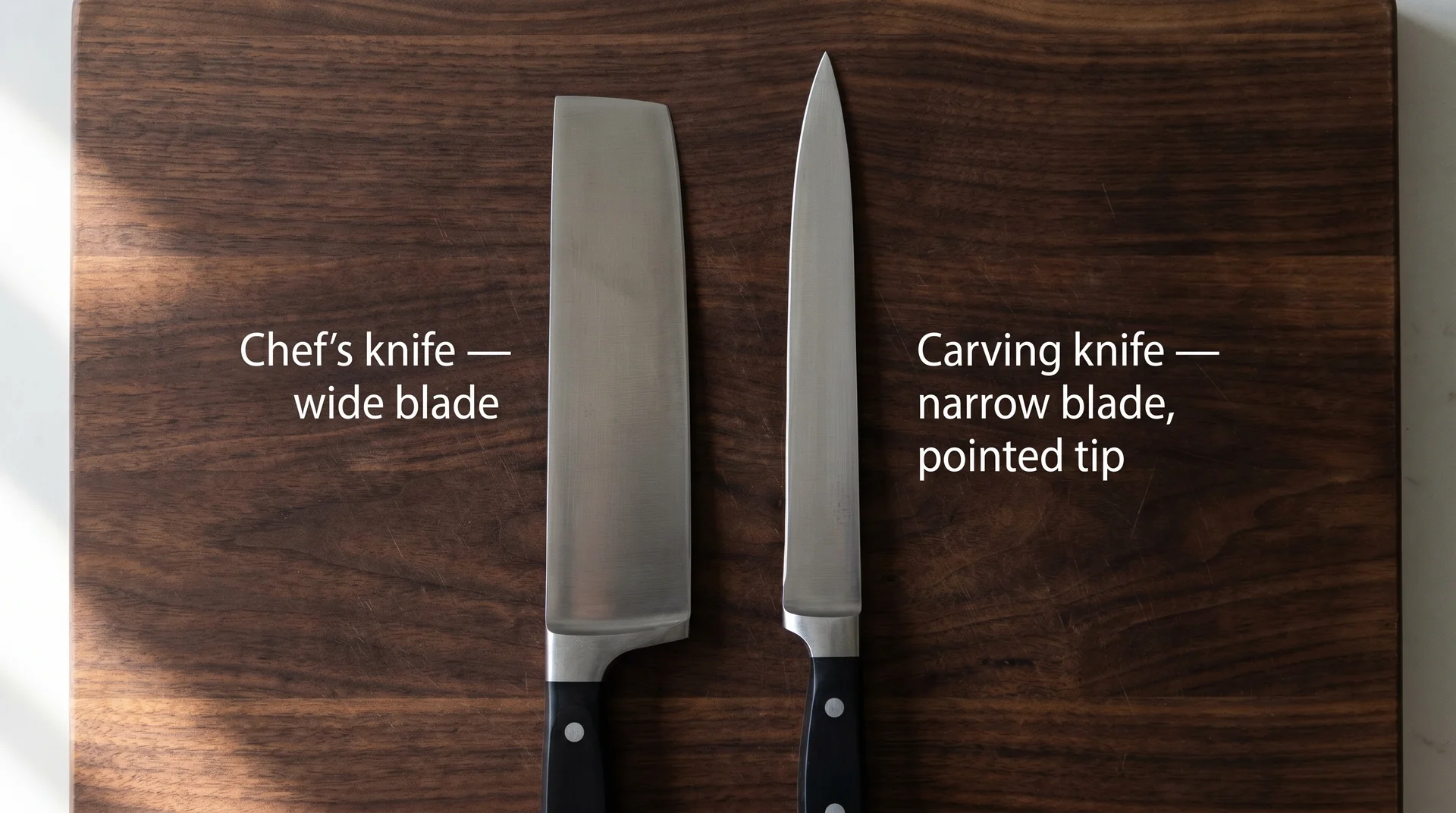 Chef's knife vs. carving knife side by side showing blade width difference