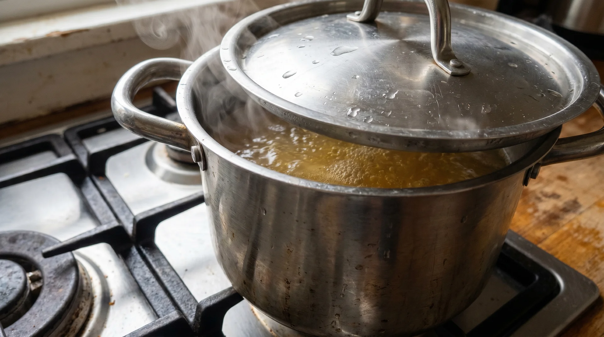Chicken stock simmering in a stockpot with steam rising from the narrow opening