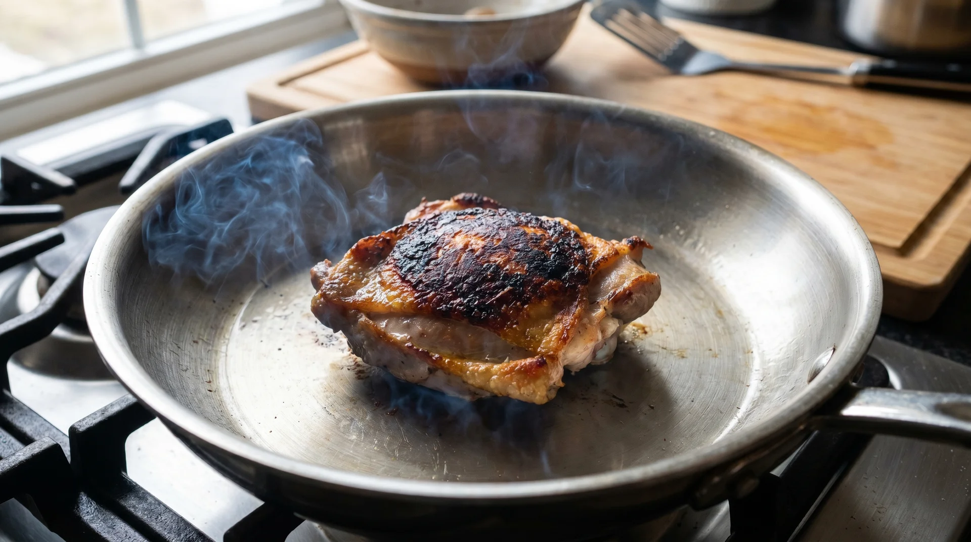 Chicken thigh searing in a stainless steel frying pan showing browning and dry cooking surface