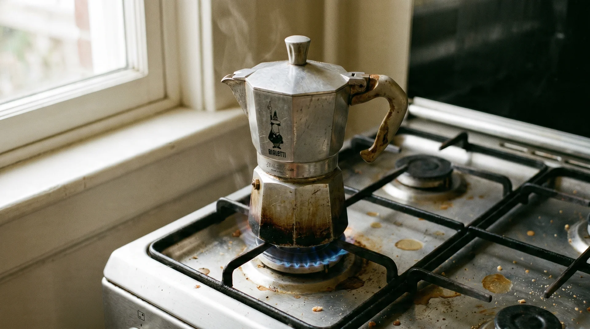 Classic aluminum moka pot on a gas stovetop in a home kitchen