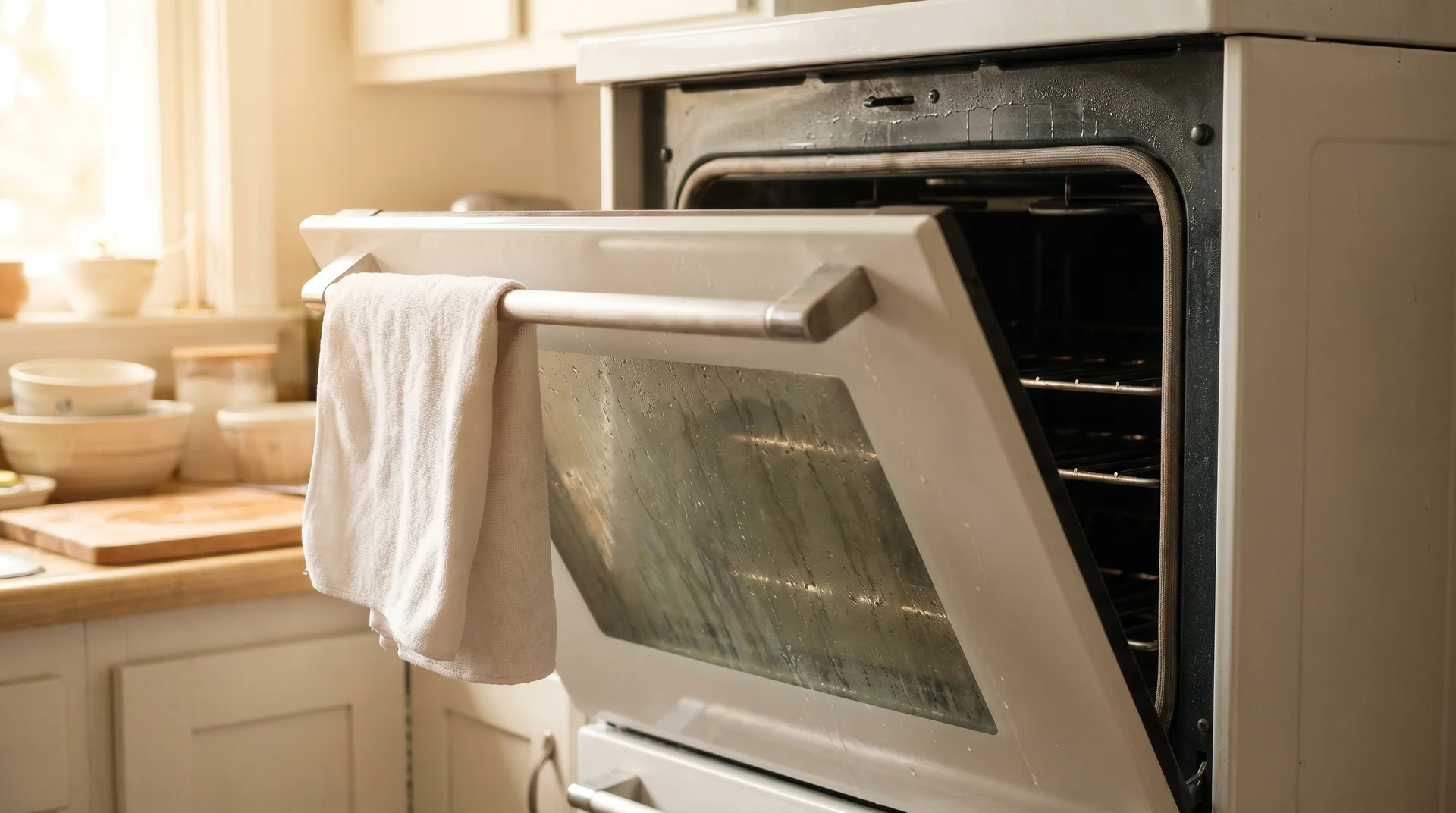Clean oven interior with microfiber cloth after vinegar steam cleaning