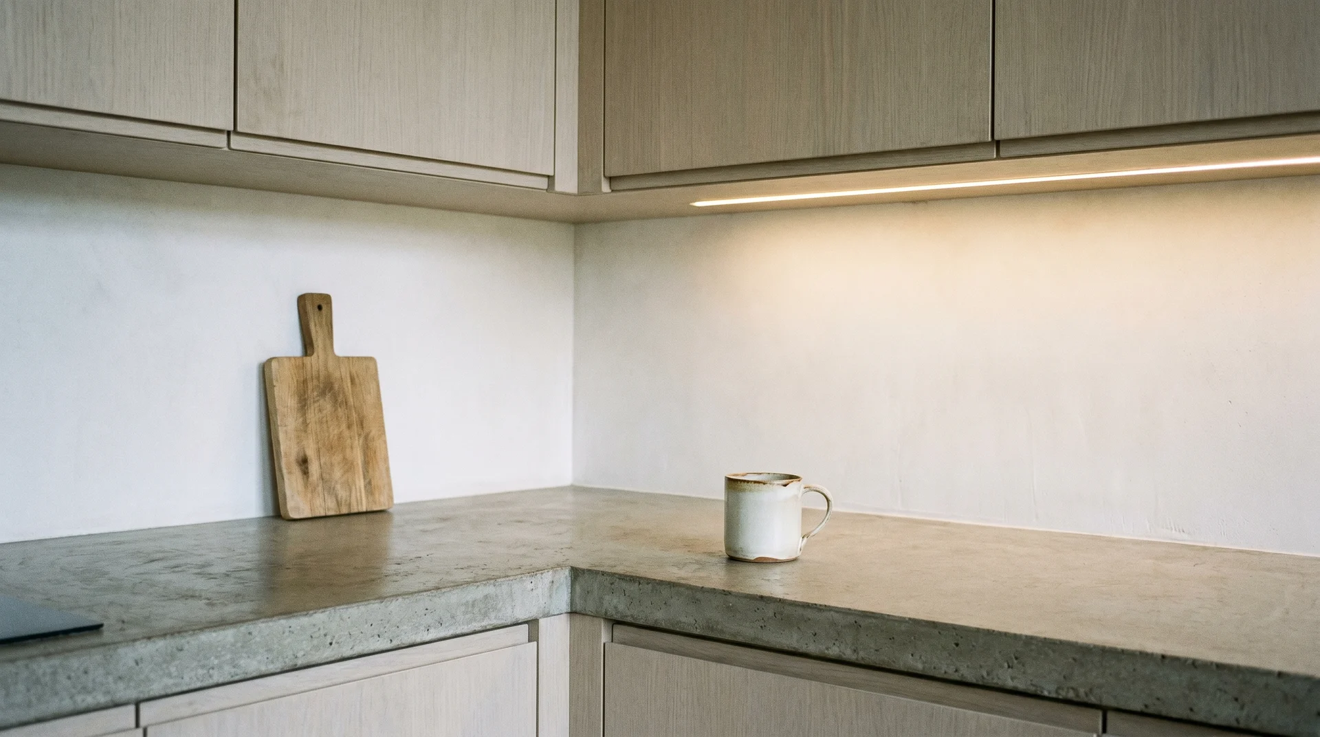 Clear ash-panel Japandi kitchen counter with a single handmade ceramic mug and wood cutting board