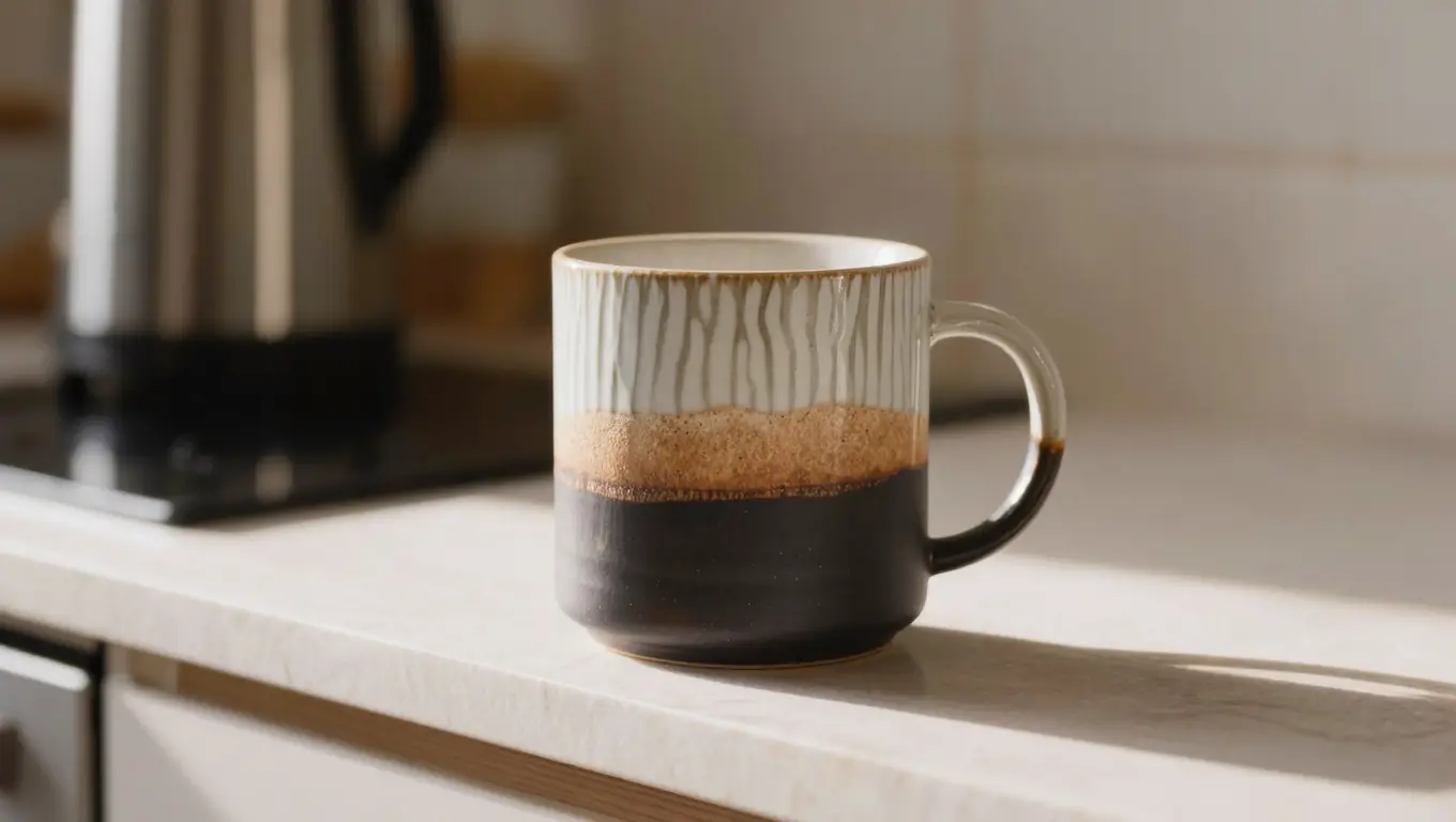 Close-up of a color-changing ceramic mug showing the thermochromic color-shift zone between the cold base color and the warm revealed pattern