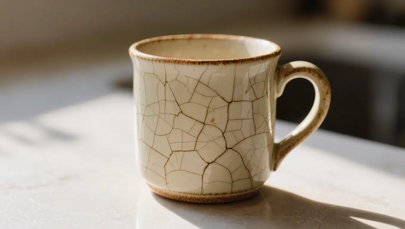 Close-up of a vintage cream ceramic mug showing crazing, the network of fine glaze cracks, visible under raking light