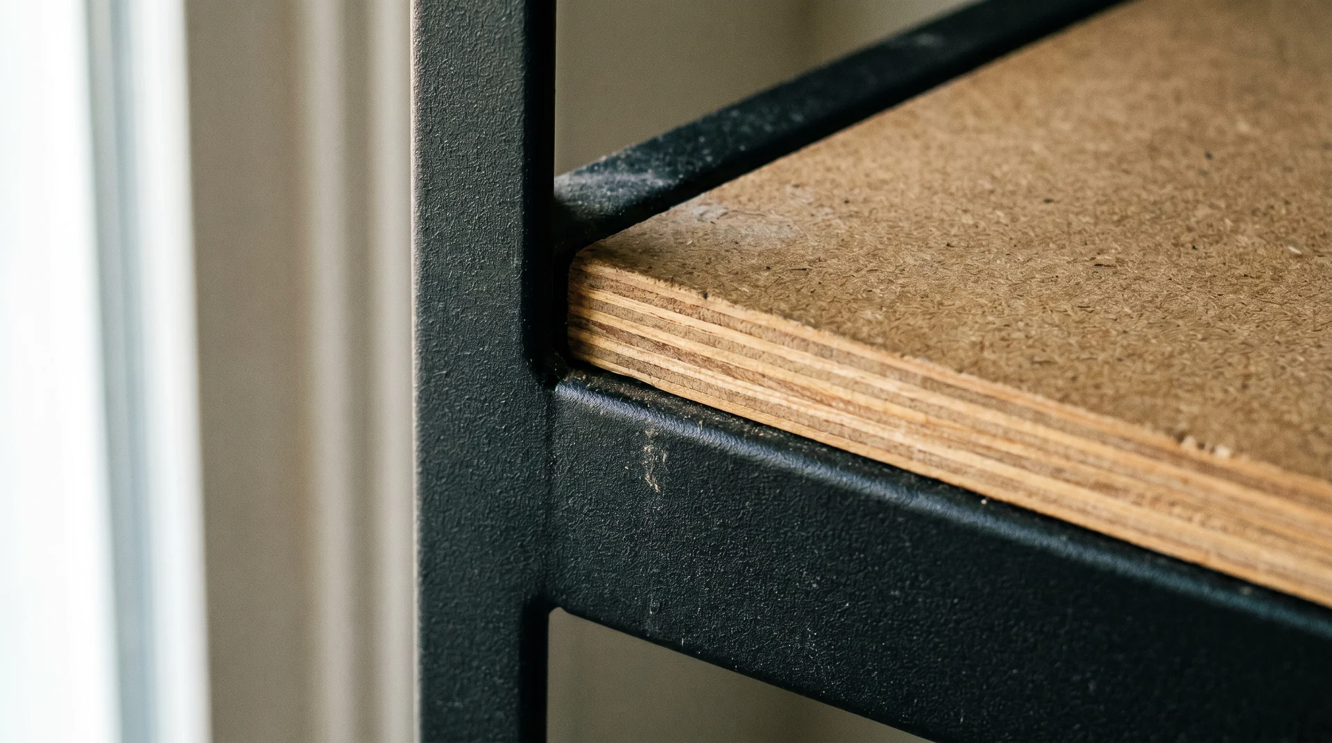Close-up of powder-coated steel frame and particle board shelf on a modern industrial baker's rack
