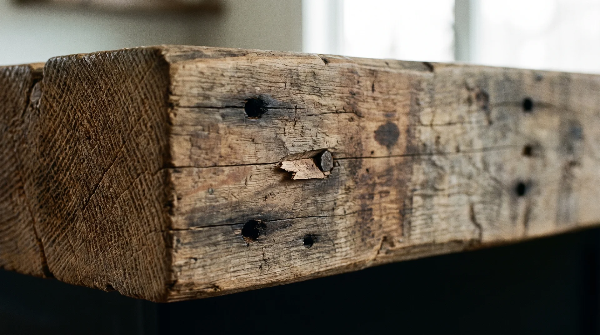 Close-up of reclaimed wood island countertop edge showing nail holes, grain variation, and aged patina