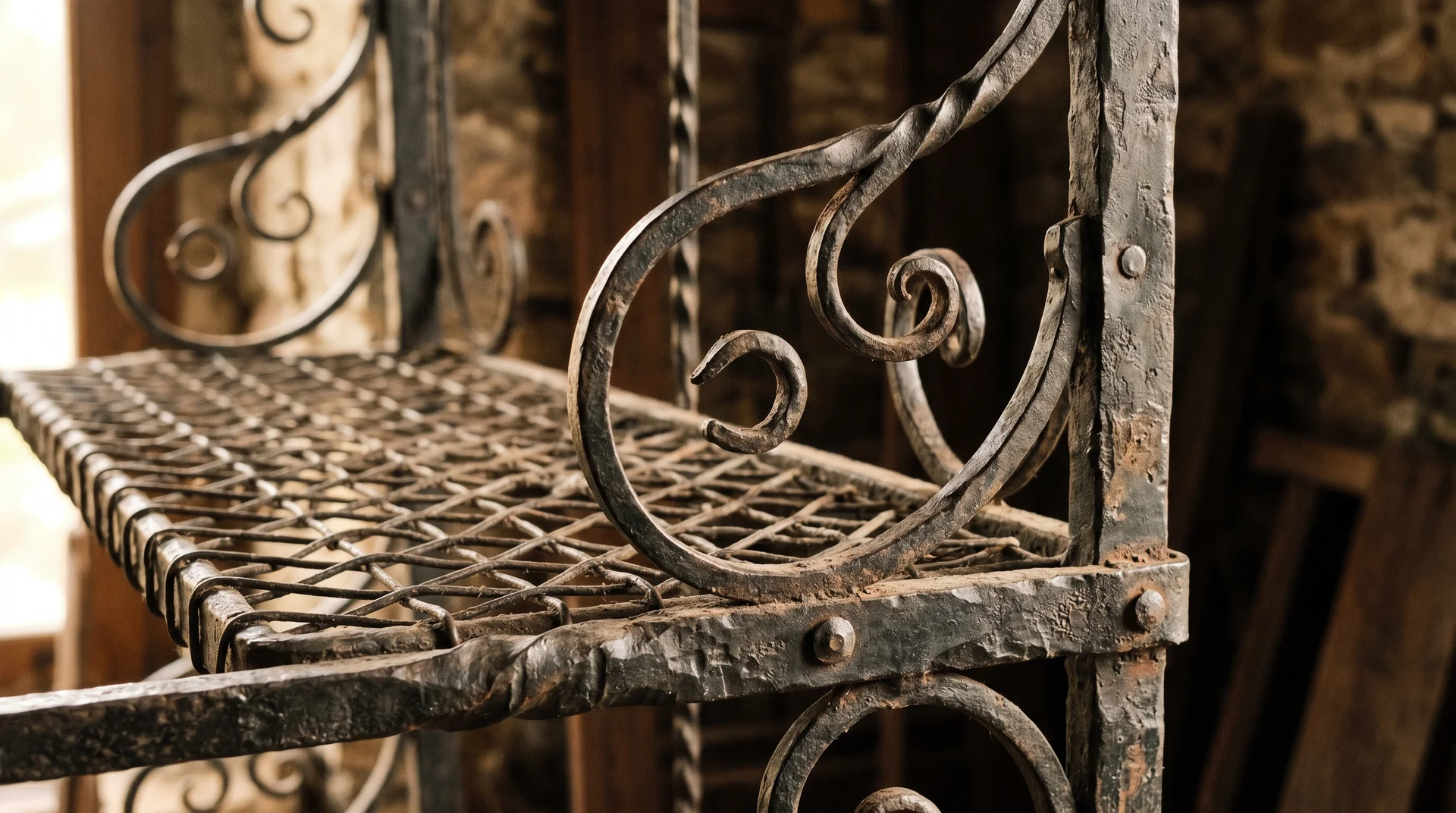 Close-up of wrought iron baker's rack scrollwork showing traditional metalwork construction