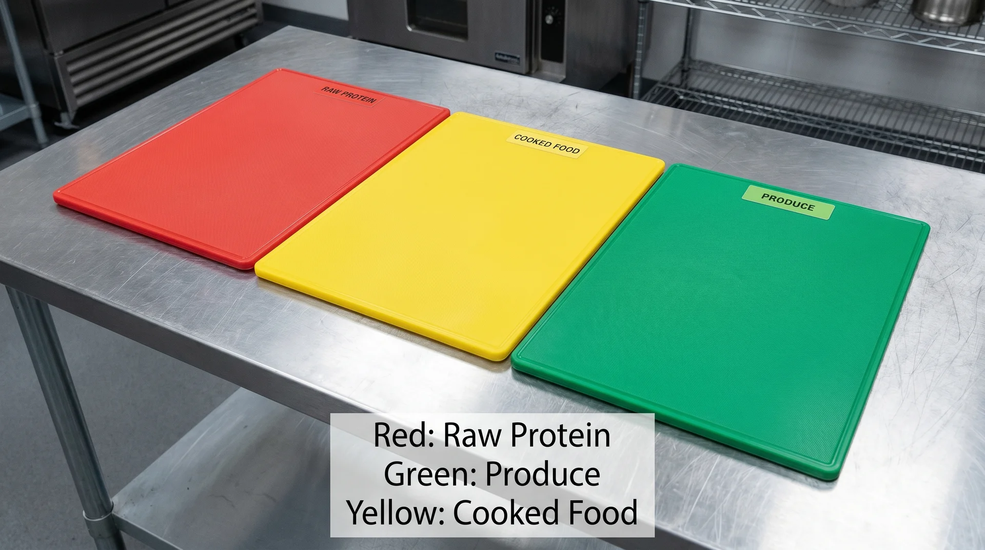 Color-coded food-grade rubber cutting boards on a stainless prep surface showing the professional system