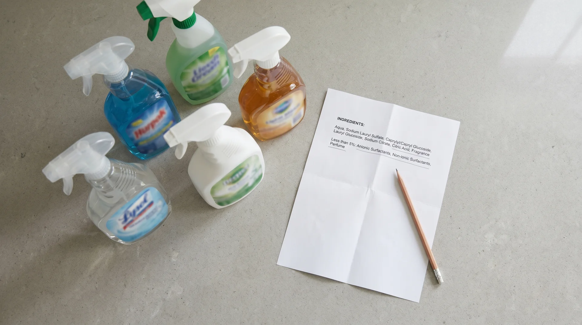 Commercial cleaning bottles beside a printed ingredient list with key lines underlined in pencil, on a grey kitchen counter