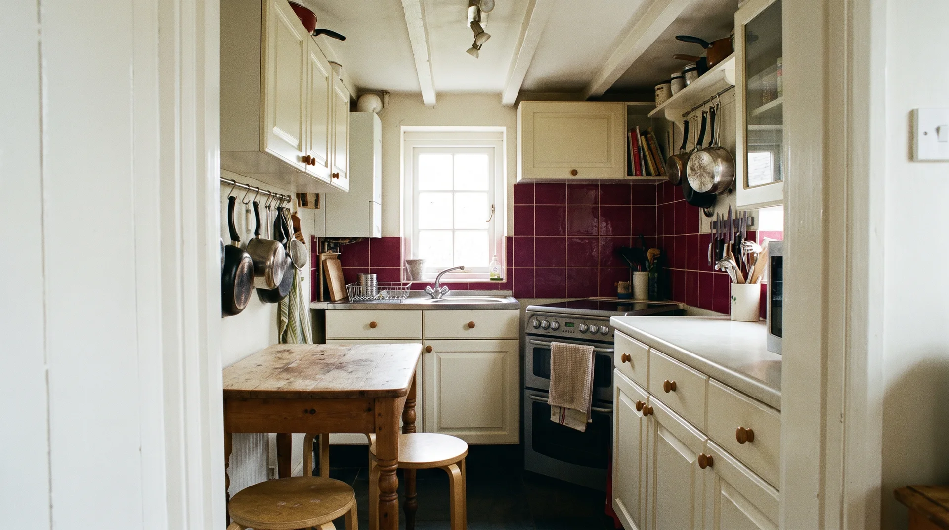 Compact white kitchen with a single burgundy backsplash zone behind the range as the only colored element