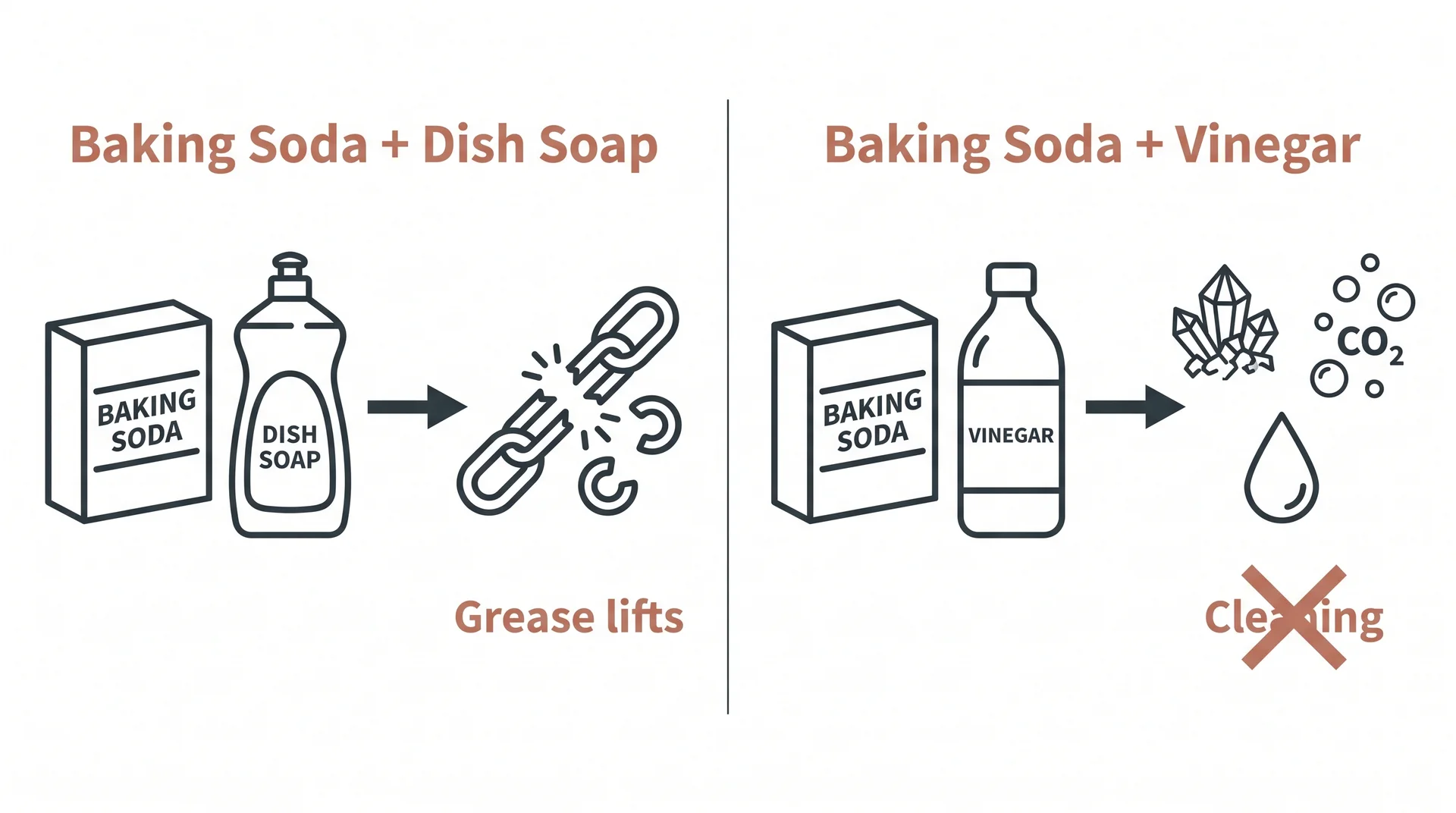 Comparison diagram showing baking soda with dish soap lifts grease while baking soda with vinegar produces salt and water instead of cleaning