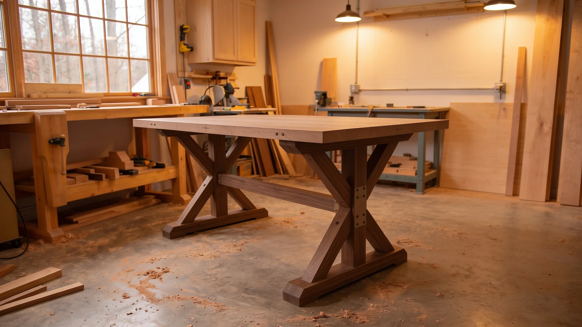 Completed farmhouse table resting after final assembly