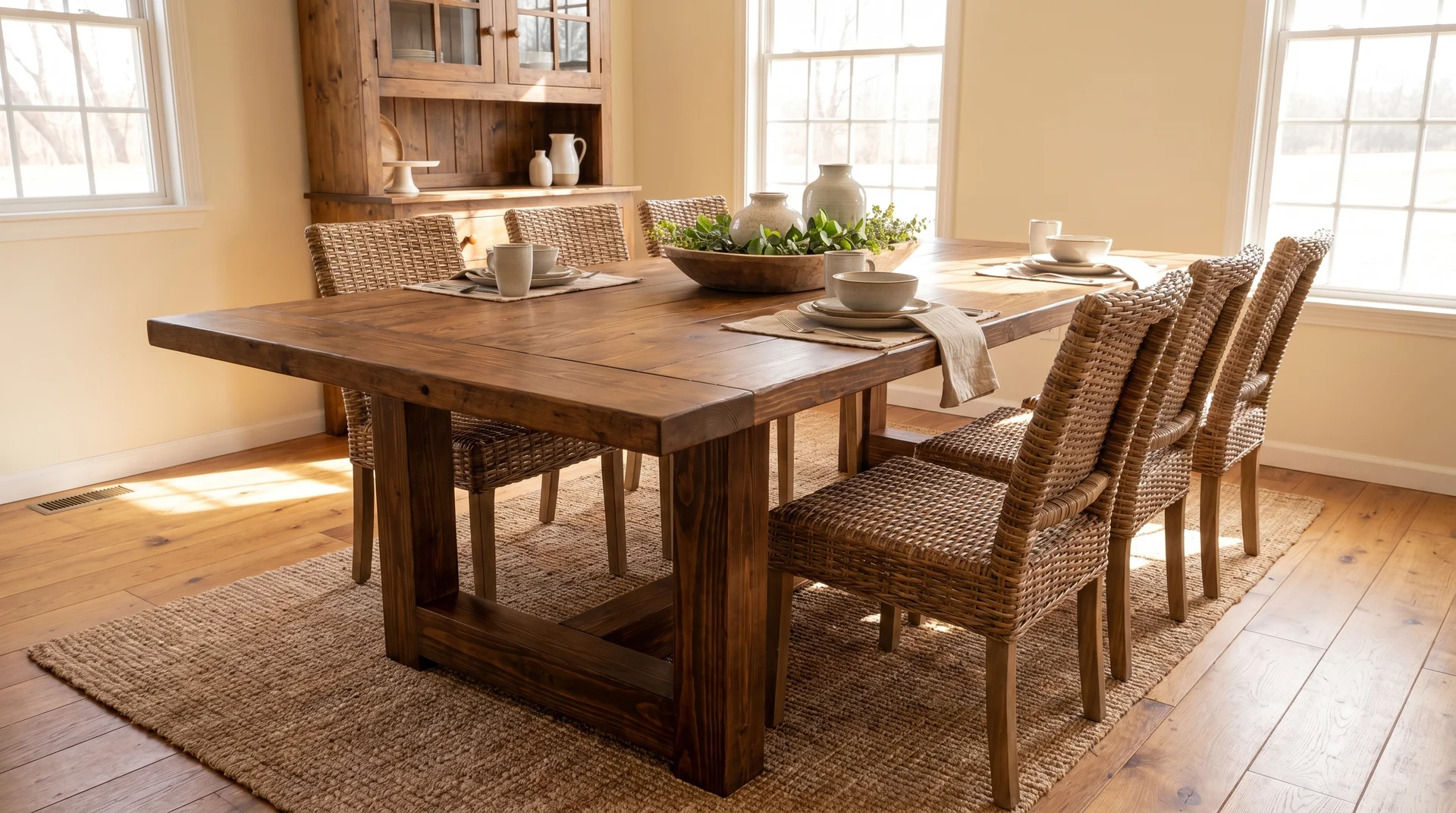 Completed farmhouse table with finished base and tabletop attached