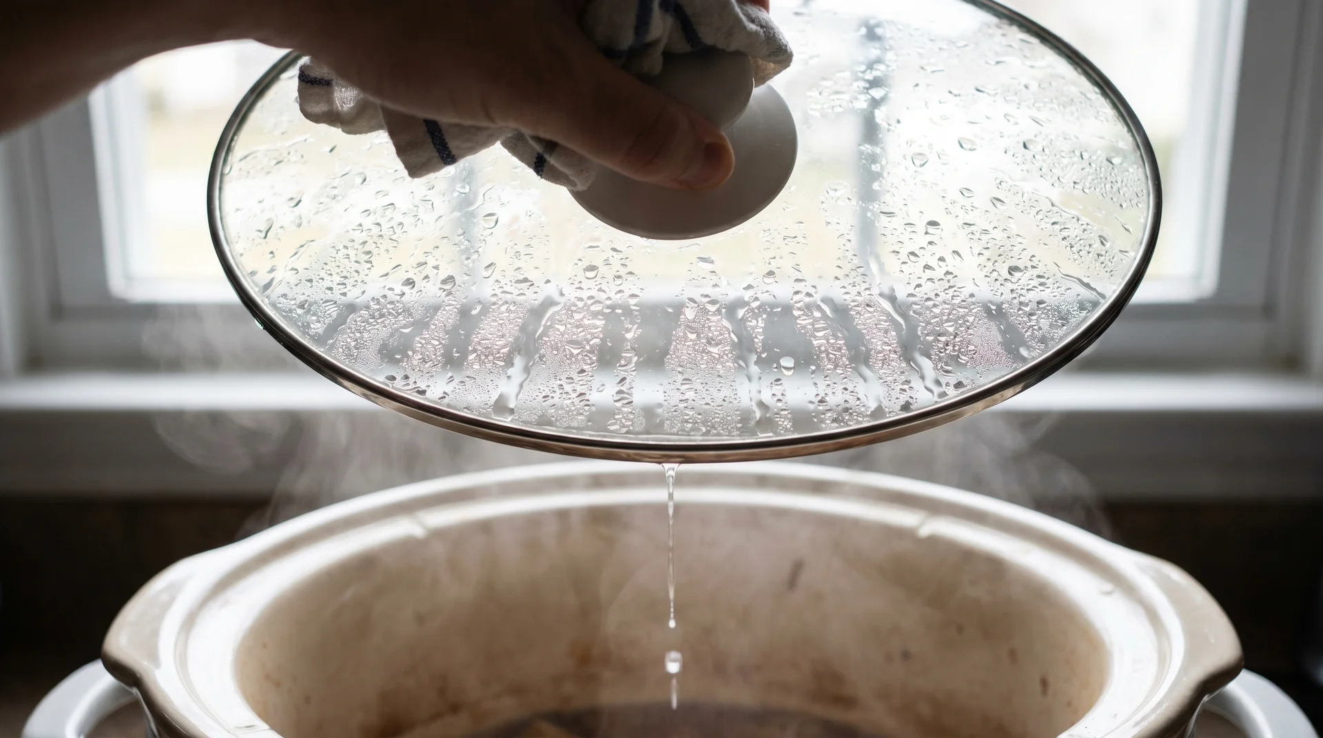 Condensation on the underside of a slow cooker lid demonstrating moisture recirculation