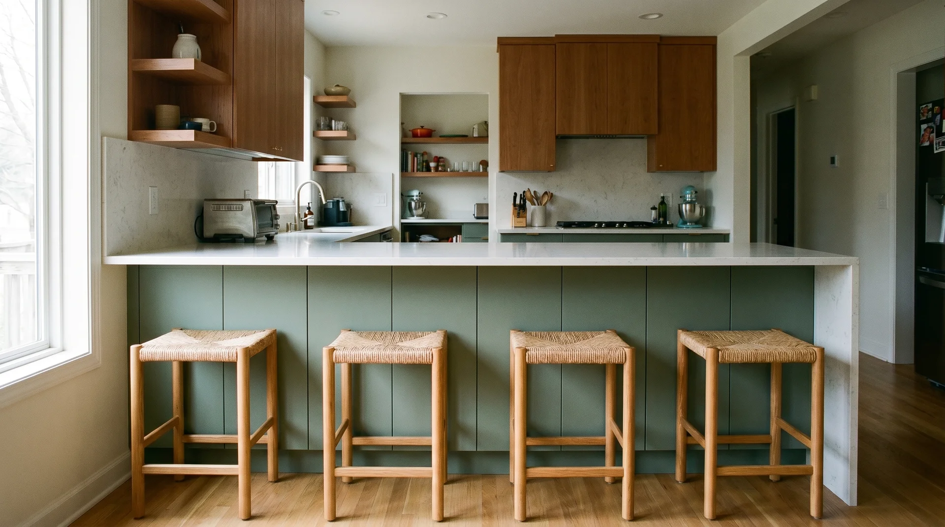Counter height kitchen island with four wooden stools showing correct seat clearance and overhang depth