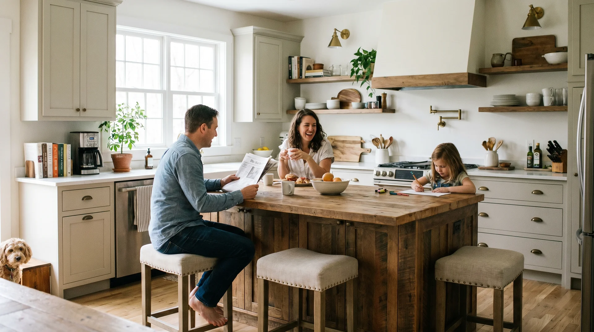 Counter-height stools paired with a kitchen island